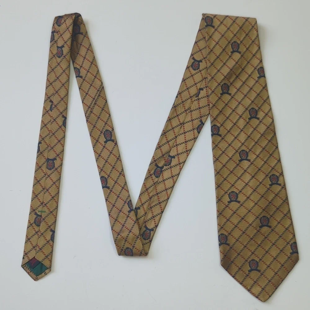Tommy Hilfiger 90's Vintage Preppy Plaid Scattered Crest Logo Silk Neck Tie Tan